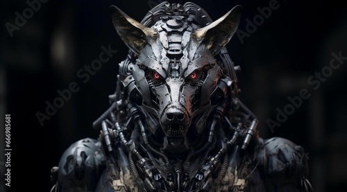 AI generated illustration of a robotic wolf on a dark background