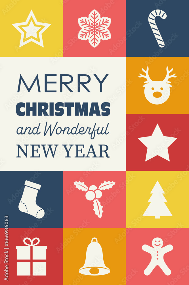 Colourful Christmas greeting card with decorations. Vector illustration