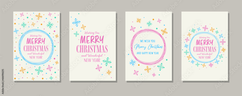 Collection of colourful Christmas greeting cards with snowflakes. Vector illustration