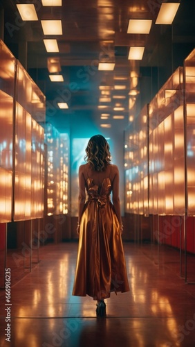 A young woman walks through a room with light panels