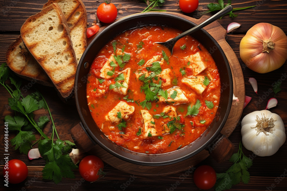 Delicious fish stew with vegetables in spicy tomato sauce served with toast close-up on a wooden board on the table, horizontal top view from above, aesthetic look Delicious fish stew with vegetables in spicy tomato sauce served with toast close-up on a wooden board on the table, horizontal top view from above, aesthetic look