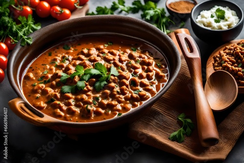 An up-close shot of a piping  bowl of Dal Makhani, the creamy lentils simmering in a rich tomato and butter gravy, garnished with a dollop of cream and fresh herbs, photo