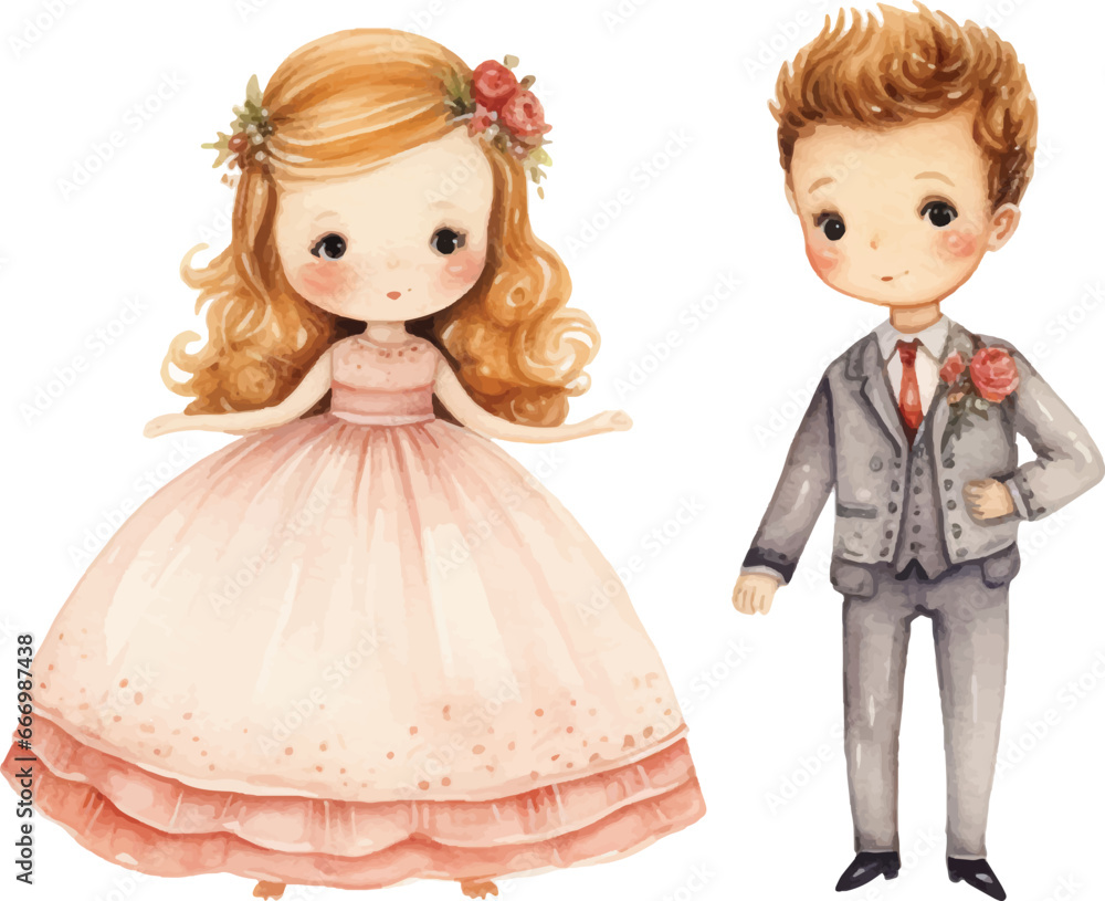 Fototapeta premium cute childish wedding illustrations drawn in watercolor on white background.