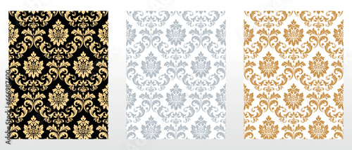 Wallpapers in the style of Baroque. Seamless vector backgrounds. Set of colored floral ornaments. Graphic patterns for fabric, wallpaper, packaging. Ornate Damask flower ornaments