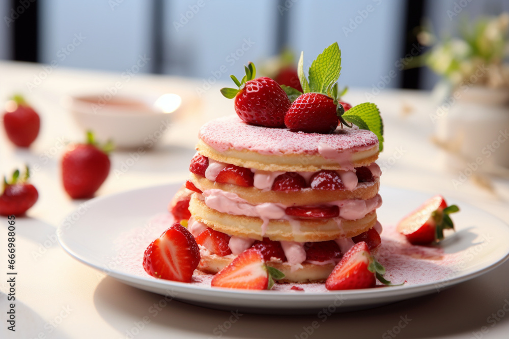 Delicious and sweet cake with strawberries and baiser on a plate, aesthetic look Delicious and sweet cake with strawberries and baiser on a plate, aesthetic look