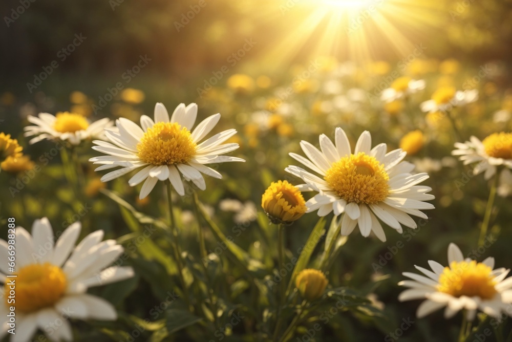 Fototapeta premium Beautiful chamomile flowers in the garden at sunset.