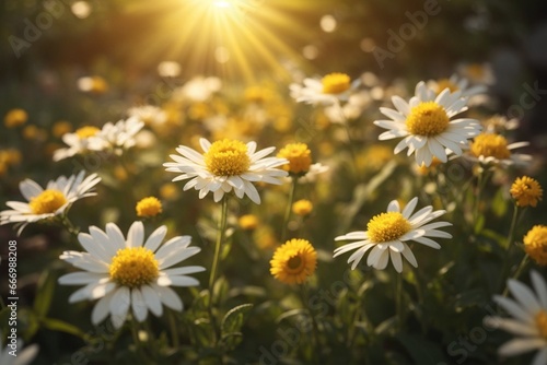 Beautiful chamomile flowers in the garden at sunset.
