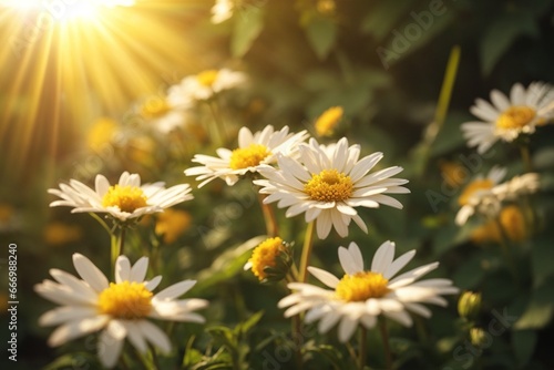 Beautiful chamomile flowers in the garden at sunset.