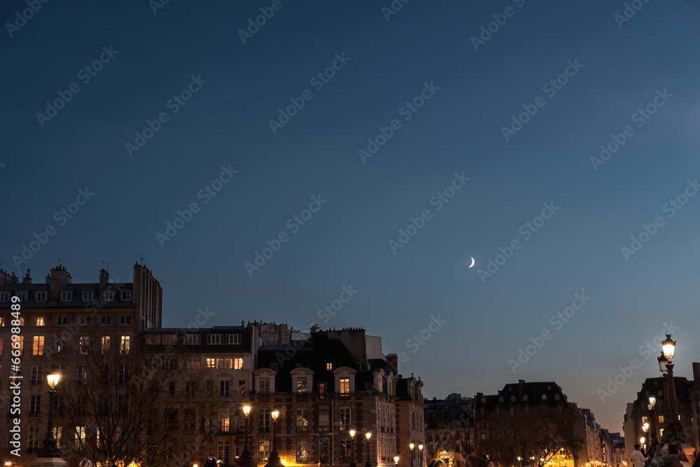 Toits de Paris la nuit avec la lune