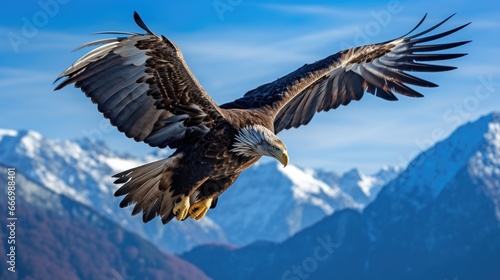 A breathtaking shot of a golden eagle soaring high above snow-capped peaks, its wings outstretched in majestic flight. Generative AI © kardaska
