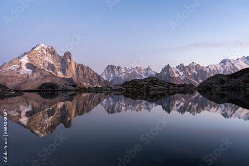 Mountains and Reflection in Lac Blanc Lake at Sunset. Blue Hour, Twilight. Chamonix, French Alps, France