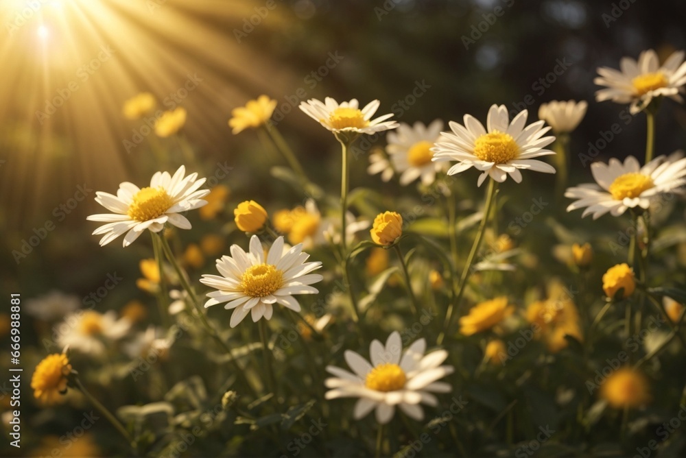 Fototapeta premium Beautiful chamomile flowers in the garden at sunset.