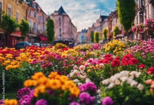 the flowers and cars on a street in europe  shot with a lense