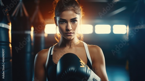 Charming young woman in sportswear wearing boxing gloves do workout exercise punching boxing bag at gym.