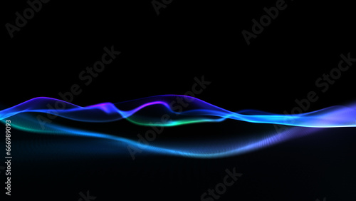 The undulating surface of the ocean is made of multi-colored particles. Fabric fluttering in the wind. 3D render.