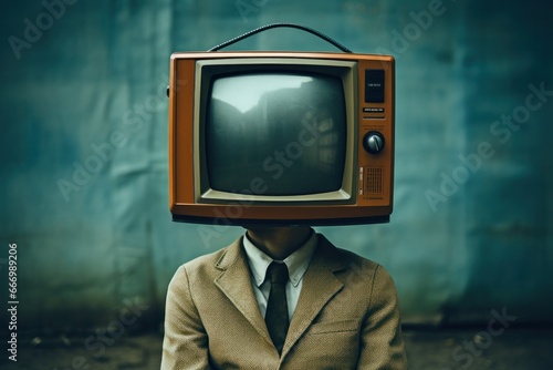 A mesmerizing figure adorned in a vibrant jacket, their head replaced by a pulsing television screen, captivates with the ever-changing media flickering against the indoor wall