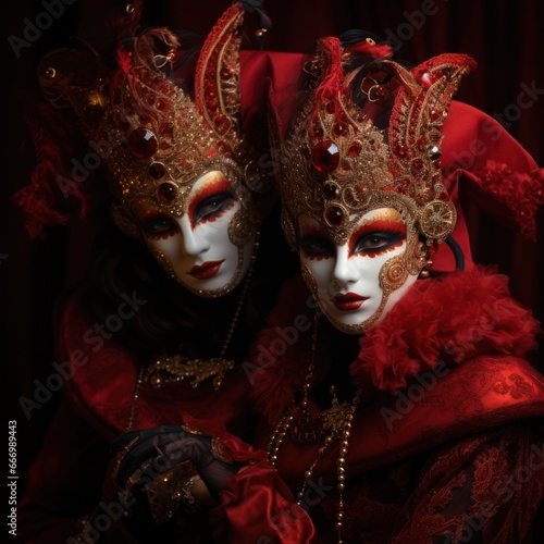 In a flurry of color and mystery, two figures adorned in vibrant red and shimmering gold clothing dance beneath the moonlit sky, their masked faces hinting at a hidden world of secrets and wonder wit