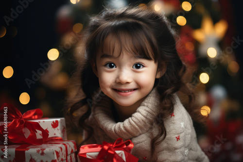 Happy little asian girl celebrating surrounded by New Years presents and decorations