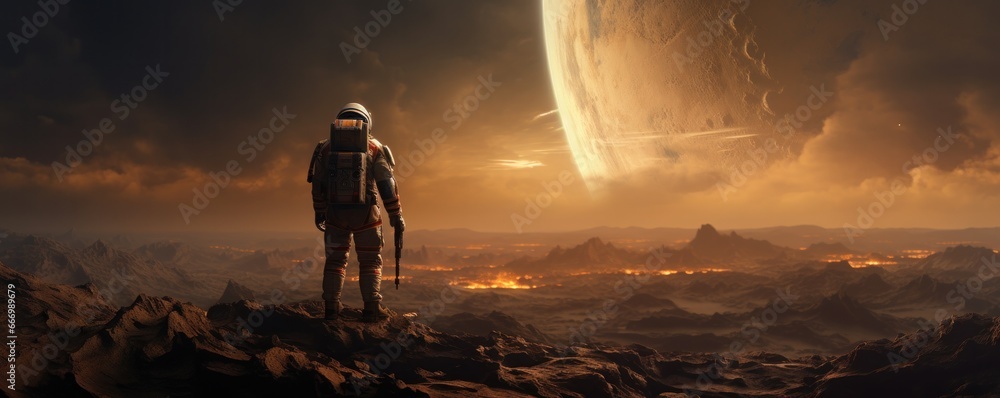 Amidst the vast expanse of the rocky terrain, an intrepid astronaut gazes in awe at the colossal planet looming above, its turbulent sky blending seamlessly with the rugged landscape of nature's own 