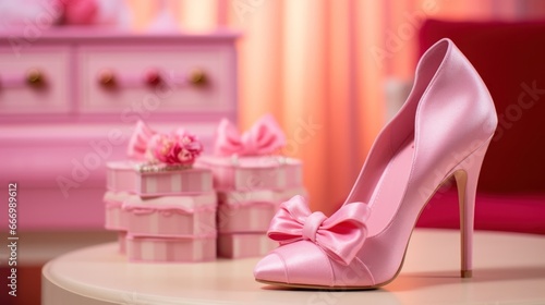 A vibrant pink sandal with a playful bow perched atop a stylish furniture piece, beckoning you to slip it on and dance among the flowers scattered on the floor photo