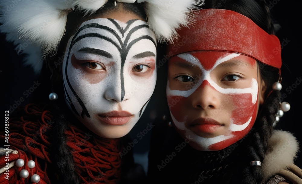 Φωτογραφία Two painted women don masks of horror and delight, their clown-like costumes con