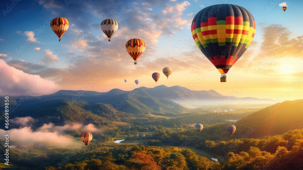 Naklejka premium Colorful hot air balloons flying over mountain, tourist attraction on beautiful natural.