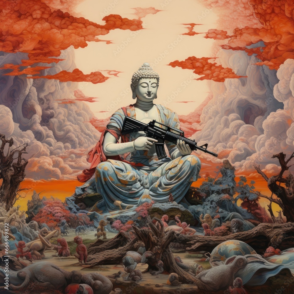 A striking depiction of a mythological figure, wielding a firearm with intense artistic flair in a captivating painting