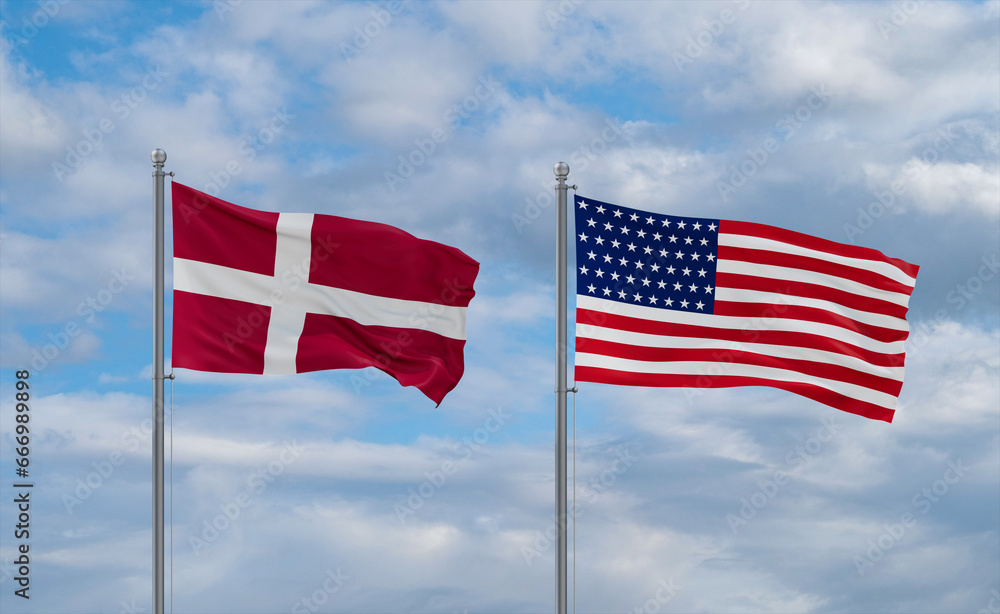 USA and Denmark flags, country relationship concepts