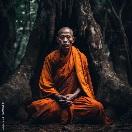 Amidst the tranquil serenity of a temple garden, a lone monk in an orange robe meditates under the shade of a towering tree, his peaceful presence radiating a deep connection to nature and inner stil