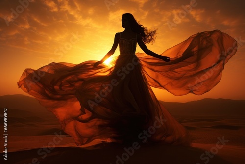 A carefree woman dances in the open sky, her billowing dress and windswept hair blending with the clouds as the sun sets in a breathtaking outdoor performance