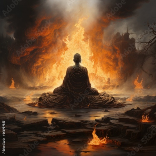 As the clouds part to reveal a fiery sky, a person finds solace in the midst of nature's heat, meditating in front of a blazing fire, with the looming presence of a volcanic building in the distance © mockupzord