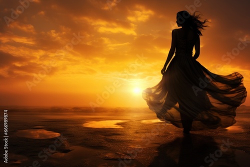 A stunning bride, her dress flowing in the breeze, walks along the sandy beach as the sky transforms into a fiery sunset, the clouds above reflecting in the calm waters below