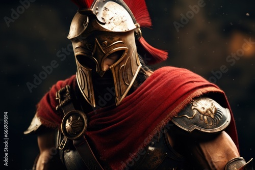 A fierce gladiator dons a red breastplate and armor, embodying strength and courage as he prepares to face his opponent in the ultimate battle for glory photo