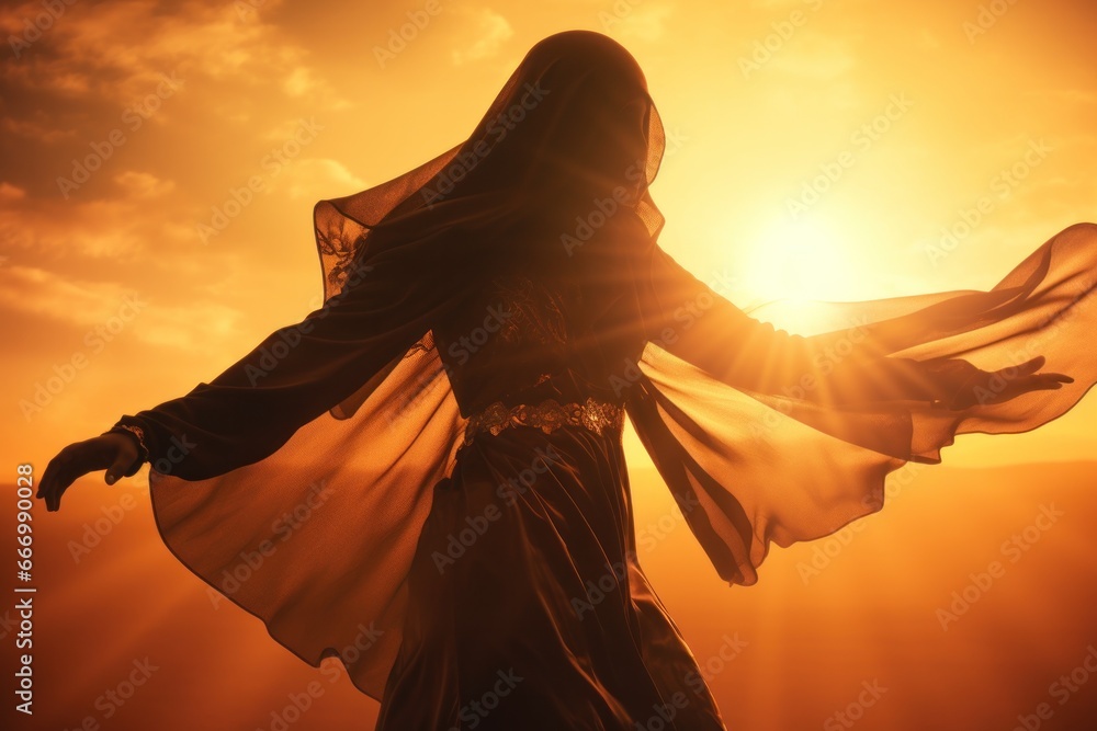 A mysterious figure sways in a dance of shadows, veiled by the setting sun as clouds dance in the sky above A mysterious figure sways in a dance of shadows, veiled by the setting sun as clouds dance in the sky above