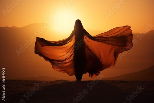 A graceful silhouette dances in the sky, her flowing dress catching the sunset's last rays as she embraces the wild freedom of the outdoor world at sunrise