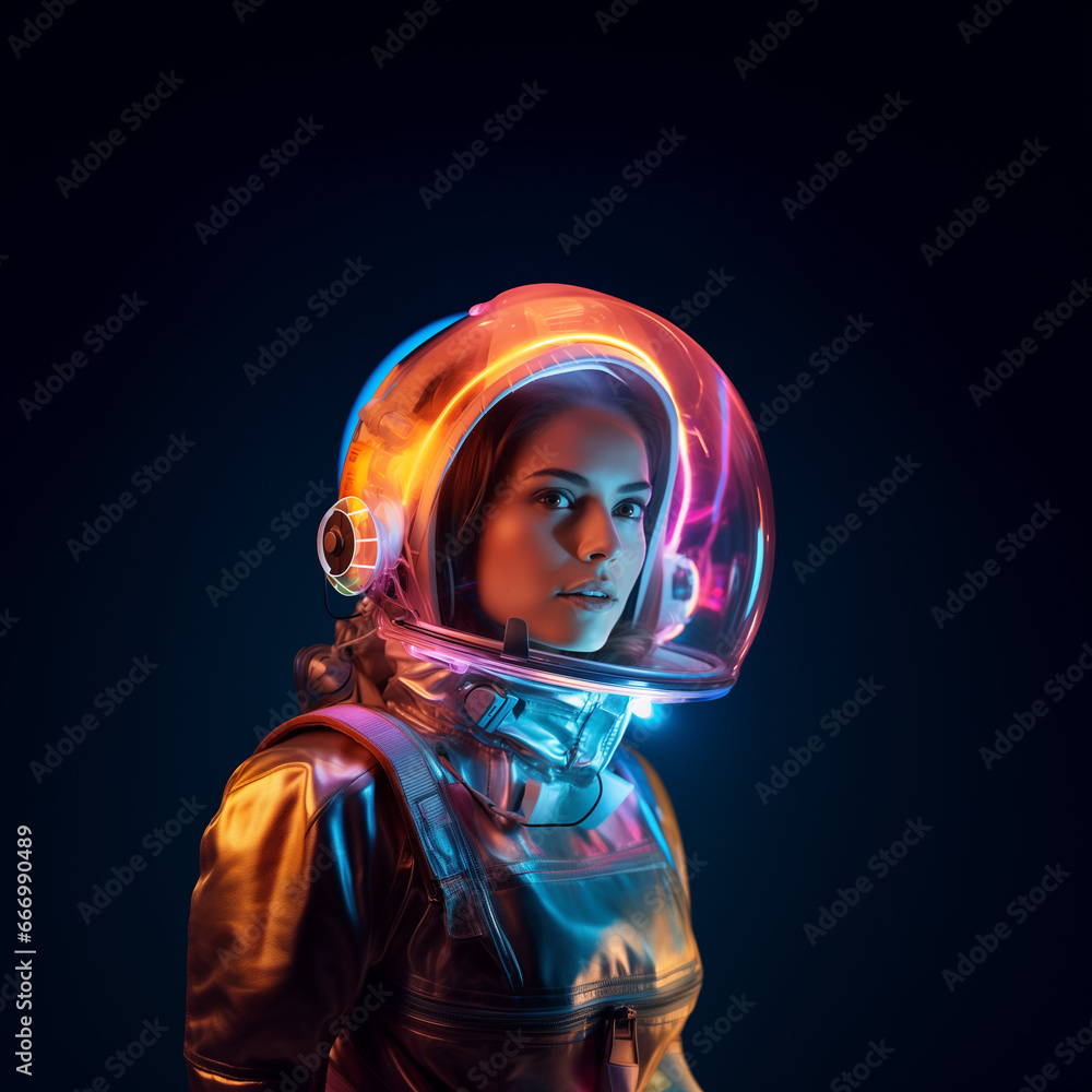 Portrait of women in a space neon helmet. Portrait of women in a space neon helmet.