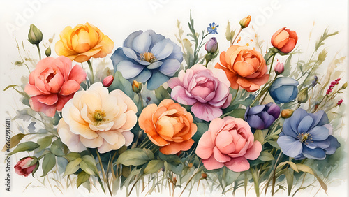 bouquet of colorful flowers on white background, watercolor painting 