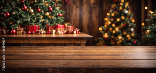 a wooden table that is empty with a background of Christmas trees. ready for montage of the product display	
