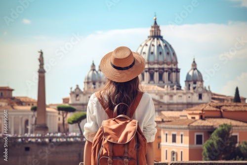 Traveler woman wearing hat and backpack standing at the cathedral Vatican In Rome Italiy. Travel summer tourism in holiday.