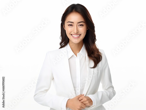 Smiling asian business woman wearing white suit isolated over white background