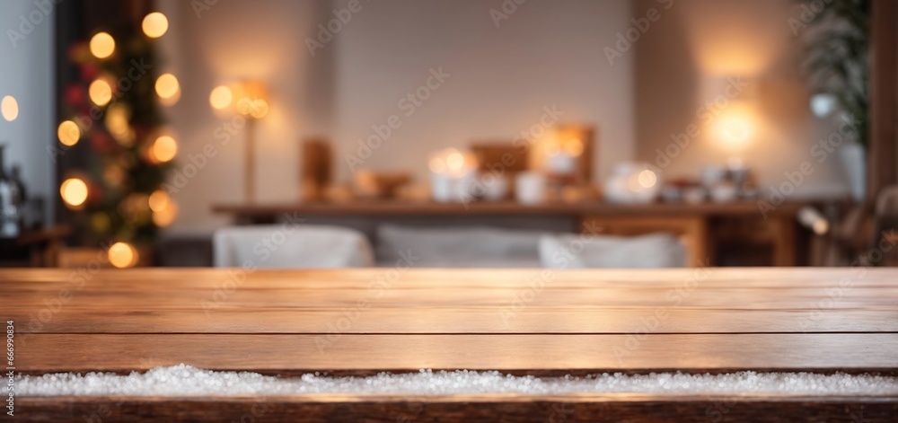Empty wooden table top with warm living room decor blur background with snow, Mock up banner for display of advertise product Empty wooden table top with warm living room decor blur background with snow, Mock up banner for display of advertise product