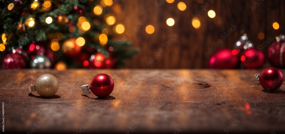  wooden table with christmas decorations in front of a blurred background 