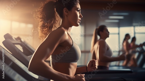 Healthy young woman in sportswear running on a treadmill in health club. Health care concept. © Oulaphone
