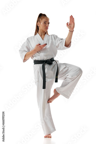 Balance. Master black belt Tae Kwon Do teacher in uniform standing on one leg isolated over white background.