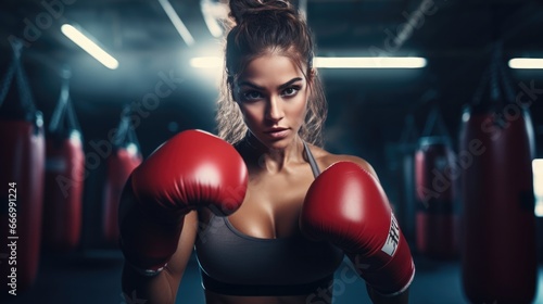 Charming young woman in sportswear wearing boxing gloves do workout exercise punching boxing bag at gym.