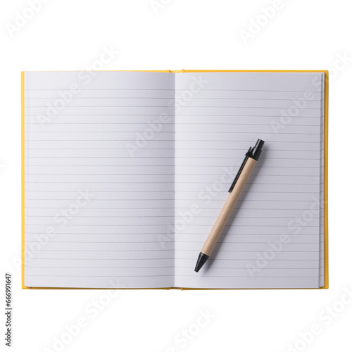 Open paper notebook with pen. Realistic, photography, isolated on white background.