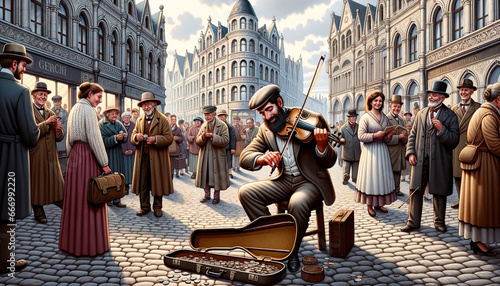 An illustration depicting a man of Mediterranean descent playing a violin on a bustling city street corner photo