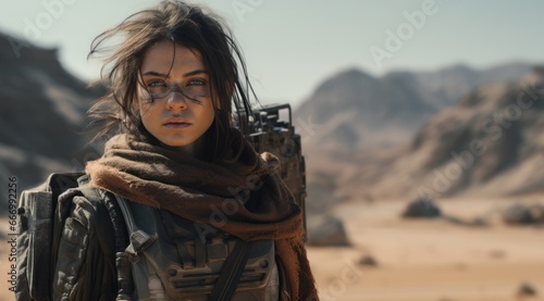 A fierce woman in a flowing garment stands boldly against the vast outdoor landscape, her gun in hand as she braves the harsh elements of the desert mountain, a scarf fluttering in the wind as she ga photo