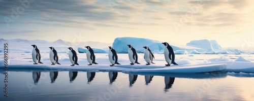 A flock of penguins traversing a frozen landscape, their sleek bodies blending with the ice as the arctic sky melts into a hazy cloud, a mesmerizing display of nature's winter wonder