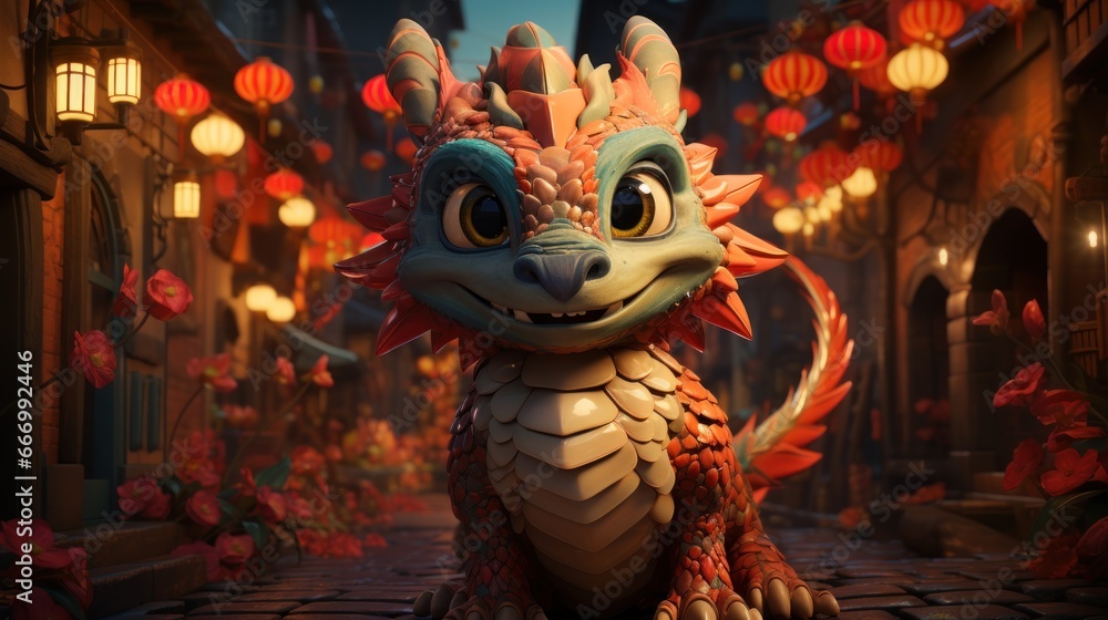 Dragon on the night of street city, Chinese new year, AI generated